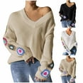 thumbnail image 1 of Sakmal Cozy Ladies Sweaters Beige V Neck Graphic Loose Women Sweaters L, 1 of 6