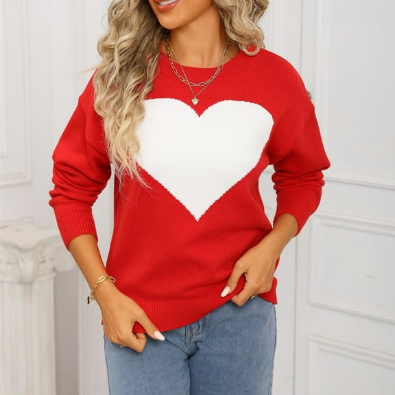 Sakmal Cozy Ladies Sweaters Red Crew Neck Knit Heart Print Women's Sweaters L