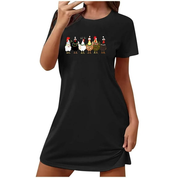 Sakmal Cozy Moomoos for Women Sleep Soft Plus Size Black Christmas Sleepwear Crew Neck Short Sleeve Short Turkeys Print Nightgowns S-2XL