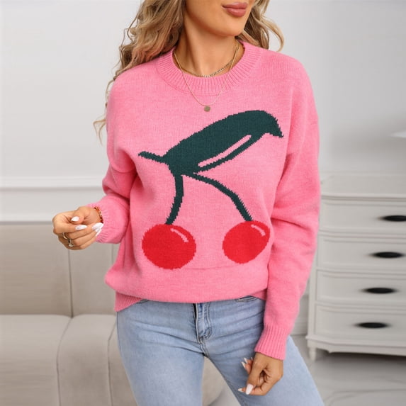 Sakmal Cozy Woemns Sweaters Pullover Pink Tops Fashion Long Sleeve Cherry Print Crew Neck Sweaters for Women