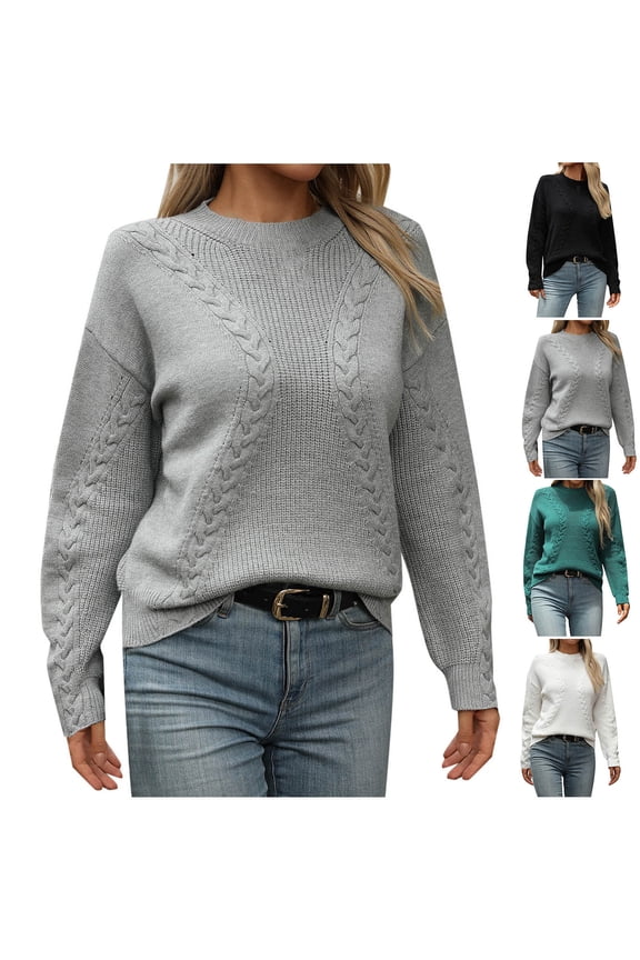 Cozy Womens Winter Sweaters Black Cotton Plain Crew Neck Knit Sweaters for Women L