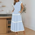 thumbnail image 1 of Sakmal Crew Neck Casual Dresses for Women Blue Mid-Length Solid Loose Fit Short Sleeve Pleated Shift Dress, 1 of 1