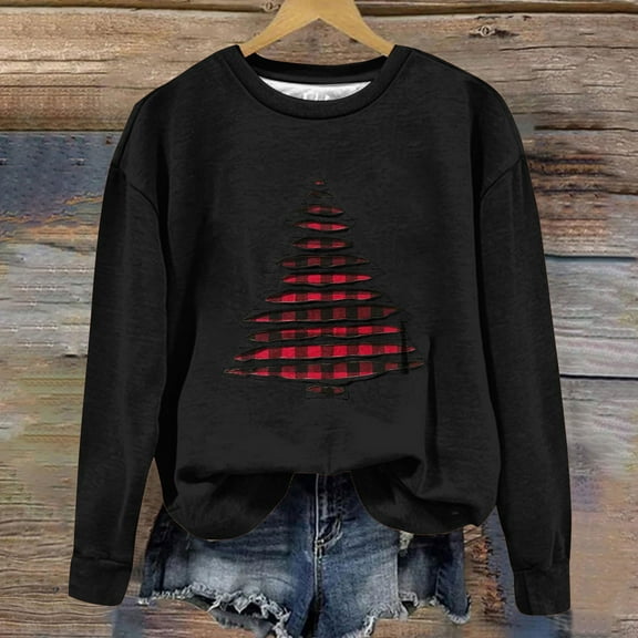 Sakmal Crew Neck Christmas Sweatshirts Women Black Tops Christmas Trees Workout Sweatshirt for Women
