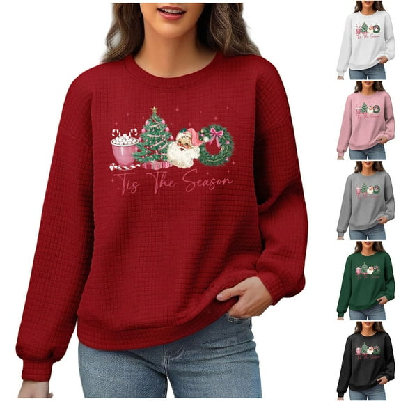 Sakmal Crew Neck Christmas Sweatshirts Women Black Tops Graphic Trendy Sweatshirt for Women