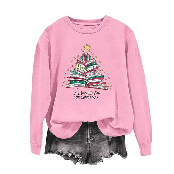 Sakmal Crew Neck Christmas Sweatshirts for Women Pink Tops Fashion Christmas Trees Sweatshirt for Women