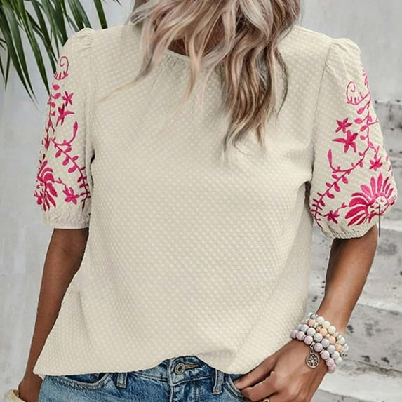 Sakmal Crew Neck Funny T Shirts Puff Short Sleeve Floral Puff Casual Relaxed Fit Business Casual Outfits For Women