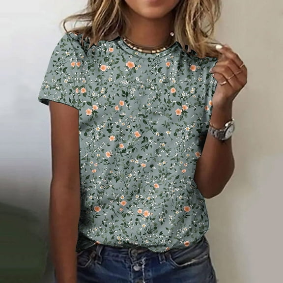 Sakmal Crew Neck Funny T Shirts Short Sleeve Floral Oversized Casual Loose Womens Summer Tops