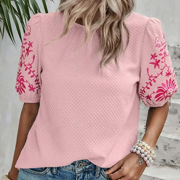 Sakmal Crew Neck Shirts For Women Puff Puff Floral Short Sleeve Casual Relaxed Fit Workout Tops For Women
