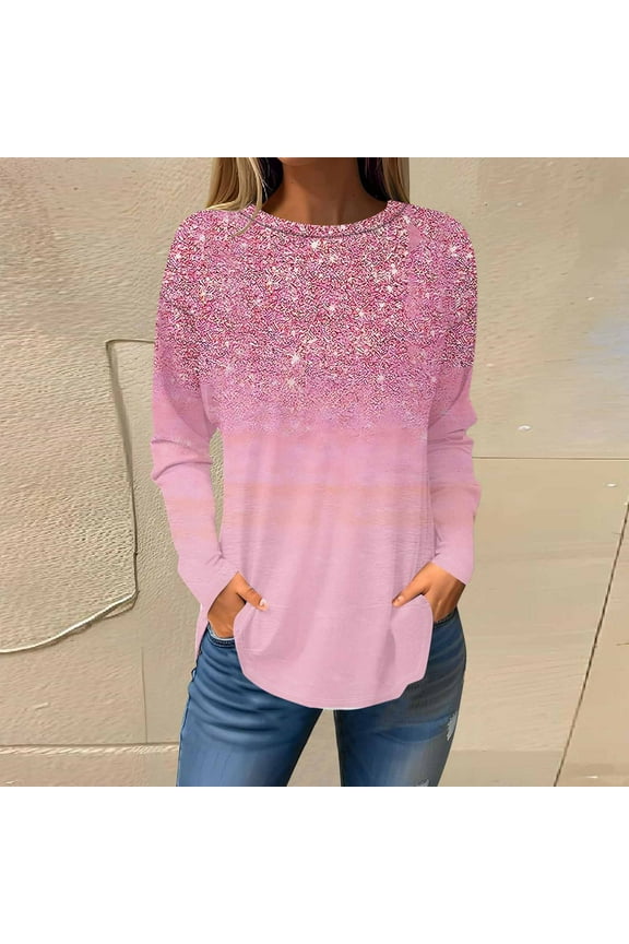 Crew Neck Shirts for Women Long Sleeve Tunic Striped Plus Size Shirts Pink Blouses Going Out Tops