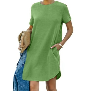 Sakmal Crew Neck Summer Dresses Green Mid-Length Solid Loose Fit Short Sleeve Basic Shift Dress