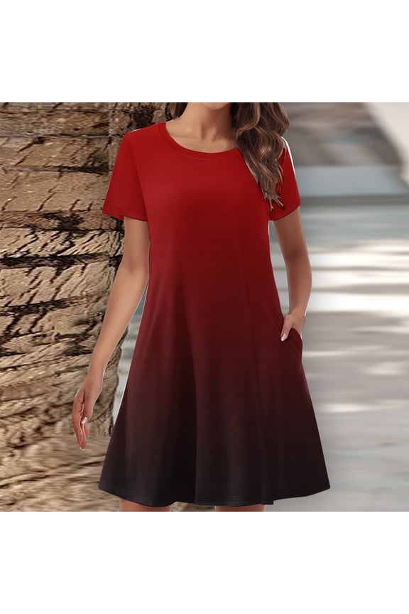 Crew Neck Summer Dresses Mid-Length Red with Pocket Short Sleeve Gradient Loose Fit Basic Shift Dress