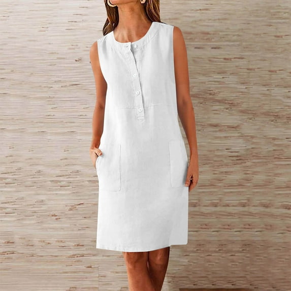 Sakmal Crew Neck Summer Dresses Shirt Dress Midi Sleeveless White Dresses ,Sizes S-2XL
