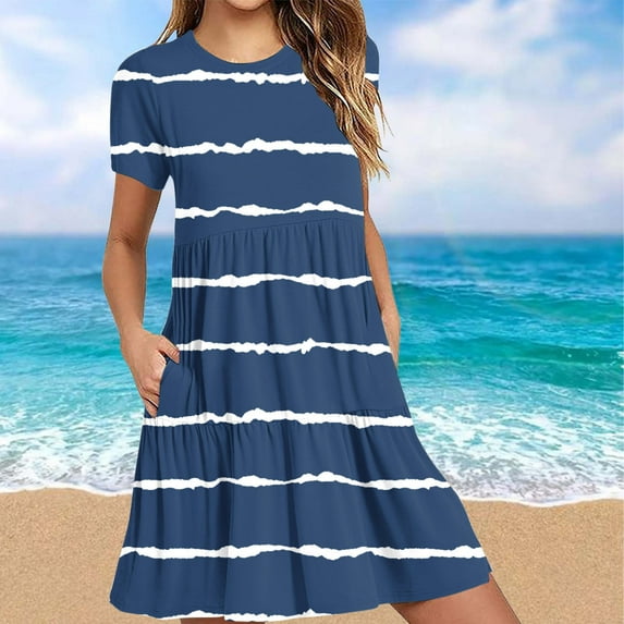 Sakmal Crew Neck Summer Dresses for Women 2024 Long Blue Loose Fit Striped Short Sleeve Tiered with Pocket Sundress