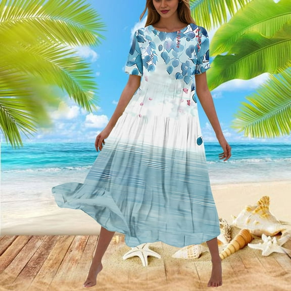 Sakmal Crew Neck Summer Dresses for Women Under $10 Blue Long Flowy Short Sleeve Loose Fit Floral A-Line Dress