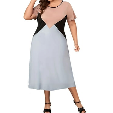 Sakmal Crew Neck Summer Dresses for Women Clearance Under $10 Mid-Length Blue Ruffle Colorblock Short Sleeve Loose Fit A-Line Dress
