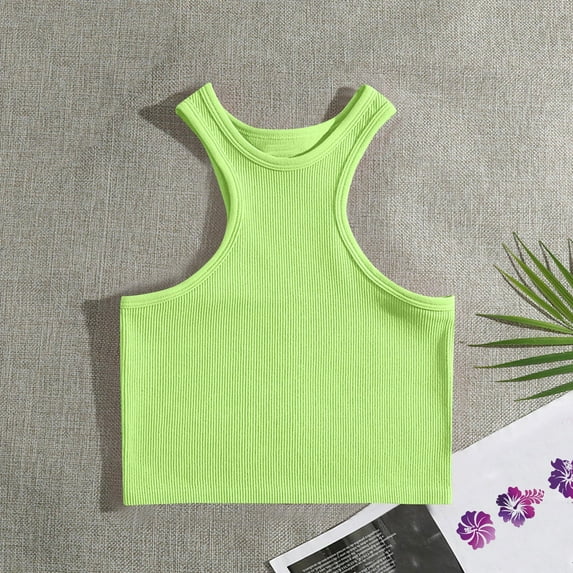 Sakmal Crew Neck Summer Womens Tank Tops Green Ribbed Slim Sexy Sleeveless Shirts