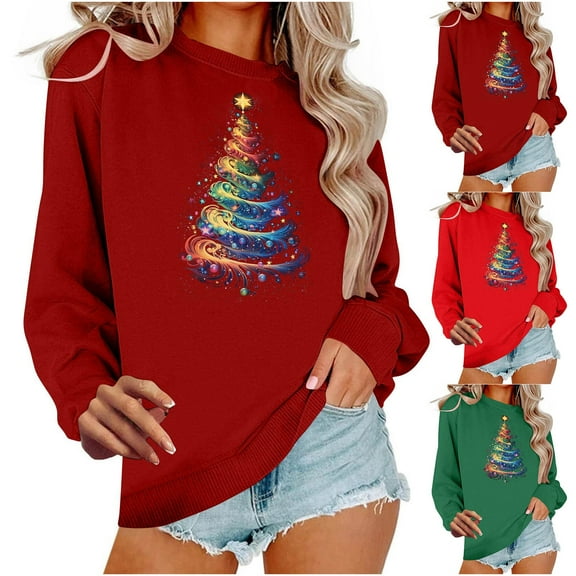 Sakmal Crew Neck Sweatshirts for Women Christmas Green Plus Size Tops Christmas Trees Winter Sweatshirt for Women