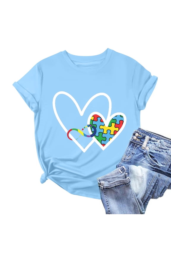 Crew Neck T Shirts For Women Asd Heart Short Sleeve Autism Awareness Casual Relaxed Fit Women's Tops