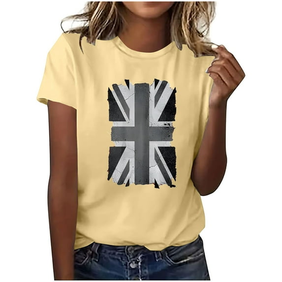 Sakmal Crew Neck T Shirts for Women Graphic Union Jack Short Sleeve Tops Casual T-Shirts Going Out Tops