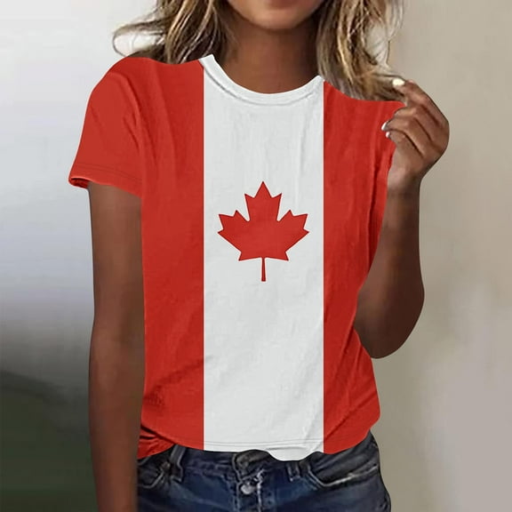 Sakmal Crew Neck T Shirts for Women Patchwork Short Sleeve Striped Canada Flag Tops Casual T-Shirts Womens Tops
