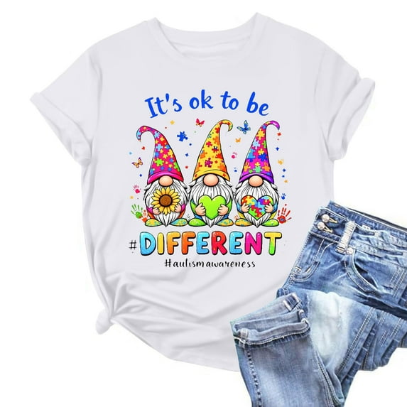 Sakmal Crew Neck T Shirts For Women Graphic It's Ok To Be Different Autism Awareness Asd Short Sleeve White Relaxed Fit Casual Spring Outfits For Women 2025