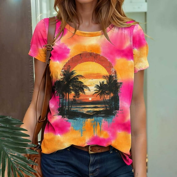 Sakmal Crew Neck T Shirts Womens Short Sleeve Beach Tropical Hawaiian Shirts Womens Blouses Dressy Casual