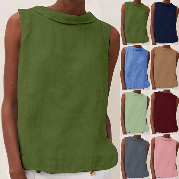 Sakmal Crew Neck Tank Tops for Women Double Lined Cotton Linen Shirts Beach Vacation Solid Green Womens Tank Tops L