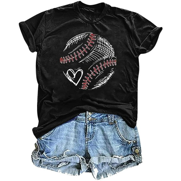 Sakmal Crew Neck Tee Baseball Mom Baseball Short Sleeve Baseball Heart Graphic Shirts Black T-Shirts Going Out Tops