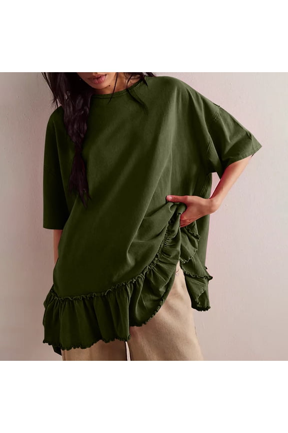 Crew Neck Women's T-Shirts Peplum Solid Elbow-Length Relaxed Fit Tops Casual Summer T-Shirts Tops for Women Trendy