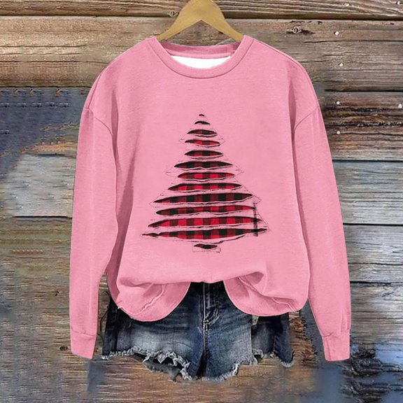 Sakmal Crew Neck Womens Christmas Sweatshirts Pink Tops Christmas Trees Trendy Sweatshirt for Women
