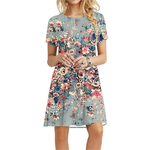 Sakmal Crew Neck Womens Dresses Mid-Length Loose Fit Floral Basic Short Sleeve Sundress