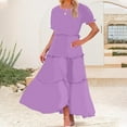 thumbnail image 1 of Sakmal Crew Neck Womens Dresses Summer Purple Long Ruffle Solid Tiered Short Sleeve Sundress, 1 of 9