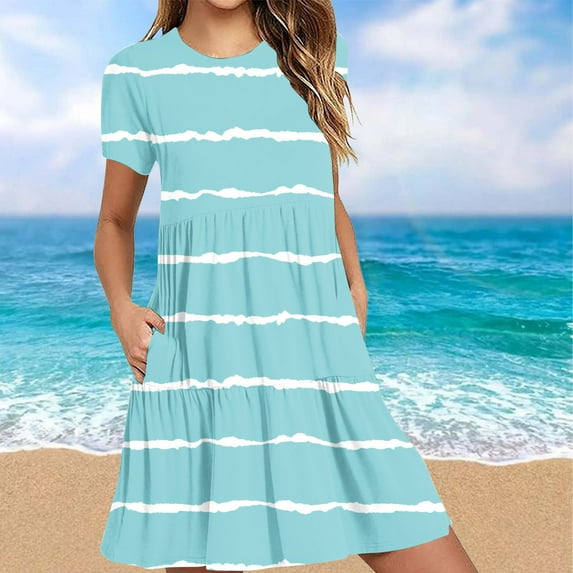 Sakmal Crew Neck Womens Summer Dresses Long Blue Striped Loose Fit Tiered Short Sleeve with Pocket Sundress