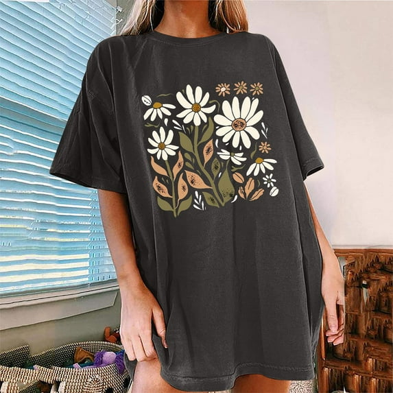 Sakmal Crew Neck Womens T Shirts Oversized Floral Short Sleeve Tops Casual T-Shirts Spring Tops for Women 2025