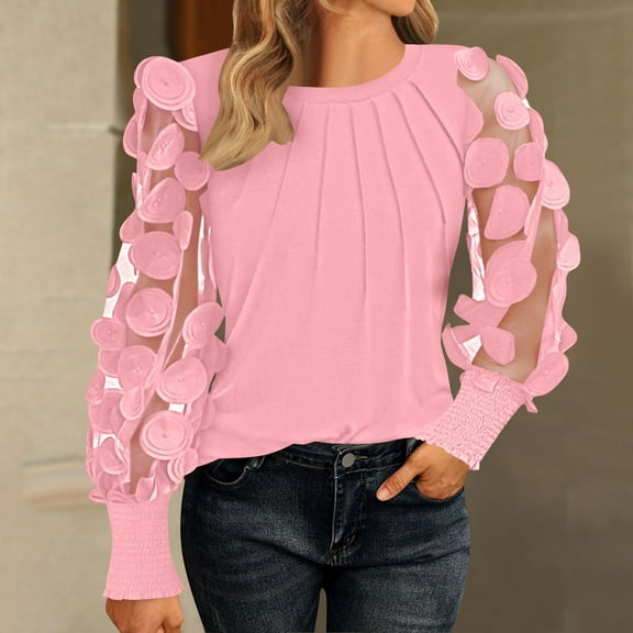 Sakmal Crew Neck Womens Blouses Dressy Casual Chest Pleated Floral Mesh Sleeve Puff Sleeve Shirts Pink Blouses Casual Tops for Women