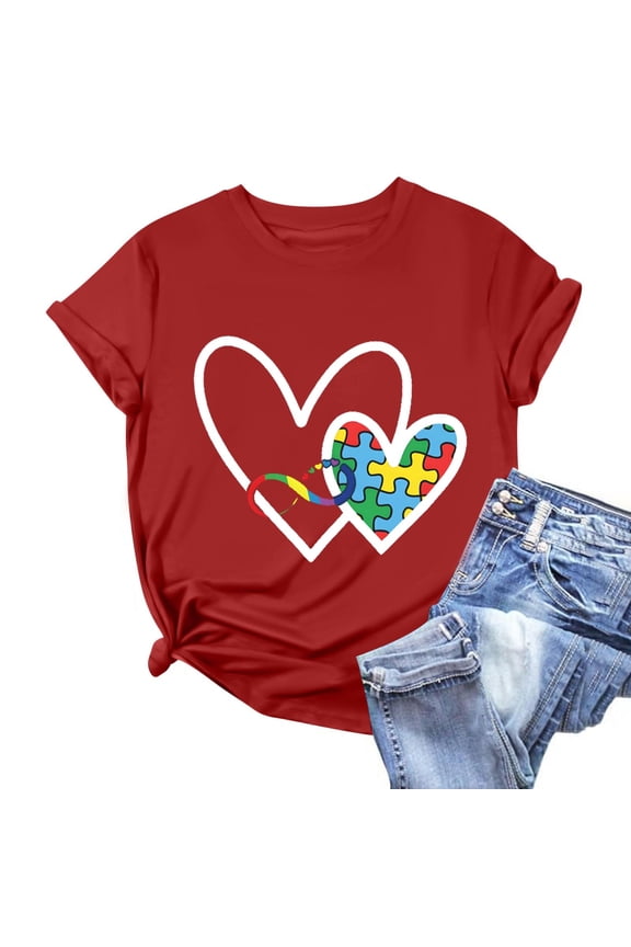 Crew Neck Workout Shirts Women Heart Asd Autism Awareness Short Sleeve Relaxed Fit Casual Womens Tops