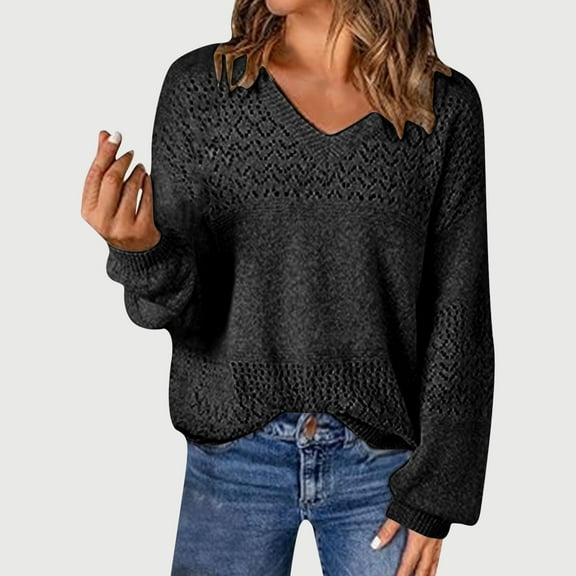 Sakmal Crochet Fall Sweaters for Women Soft Black Pullover Tops Trendy Solid Long Sleeve V Neck Sweaters for Women