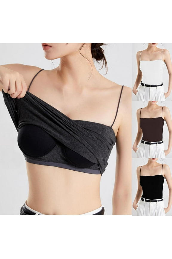 Cropped Built In Bra Tank Tops for Women Double Lined Spaghetti Straps Square Neckline Camisole Shirts Black Solid Casual Womens Tank Tops L