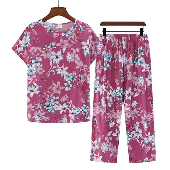 Sakmal Cropped Casual Pajamas Sets for Women Short Sleeve Cotton and Linen Loose Fit Floral 2 Piece Sleepwear for Ladies