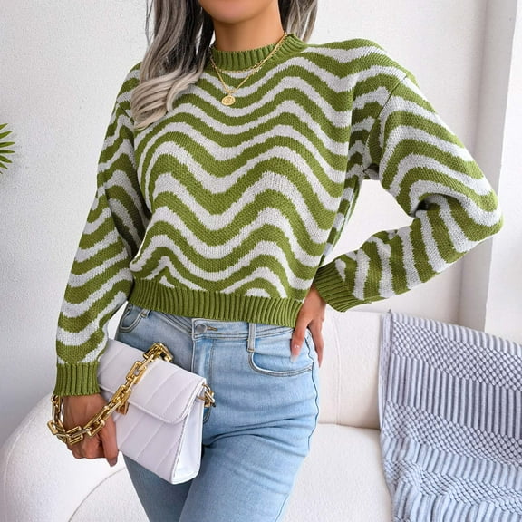Sakmal Cropped Fall Sweaters for Women Green Striped Cute Tops Long Sleeve Trendy Crew Neck Sweaters for Women