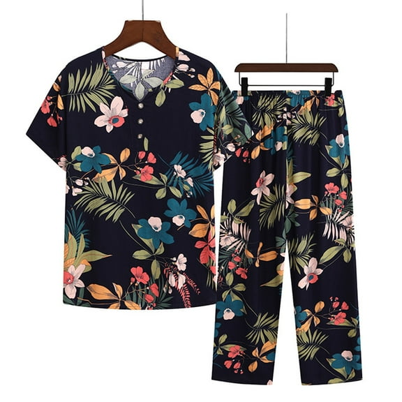 Sakmal Cropped Night Shirts for Women Pajamas Sets Short Sleeve Button Down Cotton and Linen Floral Sleepwear for Ladies