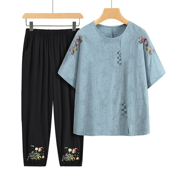 Sakmal Cropped Pajamas Sets for Women Elbow-Length Blue Loose Fit Graphic Ladies Pajamas