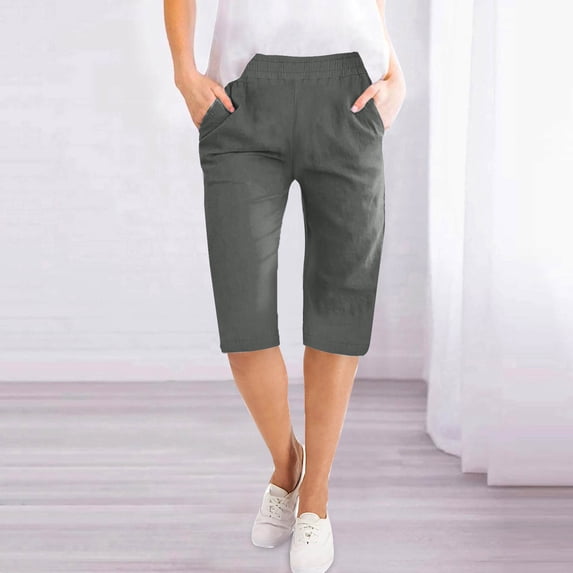 Sakmal Cropped Summer Pants for Women Gray Linen Pants Solid Capri with Pockets Plus Size Trousers