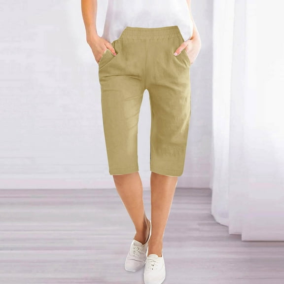 Sakmal Cropped Womens Pants Capri Pants Yellow Solid Linen Pants with Pockets Ladies Pants