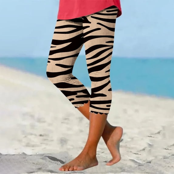 Sakmal Cropped Womens Pants Slim Leg Pleated Beach Leggings Yellow Leopard Print 7/8th High Waisted Pants with Pockets