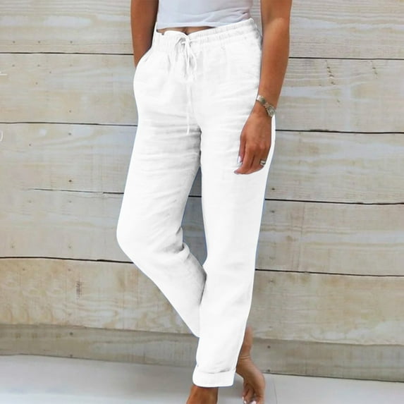 Sakmal Cuffed Pants for Women Comfy Pleated Cotton Linen Drawstring White Full Length High Waisted Solid Pants