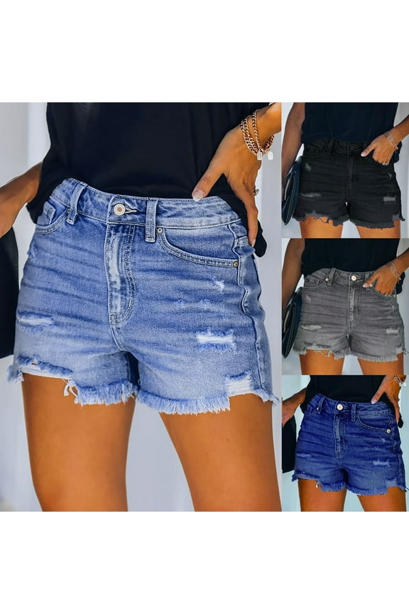 Shorts Womens Jean Blue Cut-off High Waisted 5" Ripped Denim Shorts with Pockets