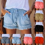 Sakmal Shorts Women Blue Cut-off Jean Denim Frayed Hem Ripped Shorts with Pockets