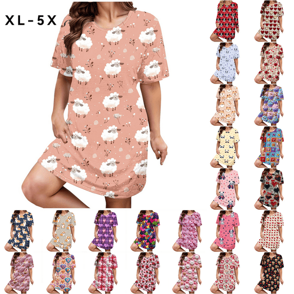 Sakmal Cute Lounge Nightgowns for Women Plus Size Pink Cloud-Like Mumu Dress Short Crew Neck Short Sleeve Animal Print Nightgowns XL-5XL