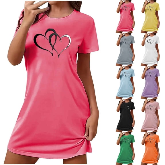 Sakmal Cute Moo Moos for Women Nightgowns Valentines Short Sleeve Love Pajama Sleep Dress Short Heart Print Nightgowns for Women L